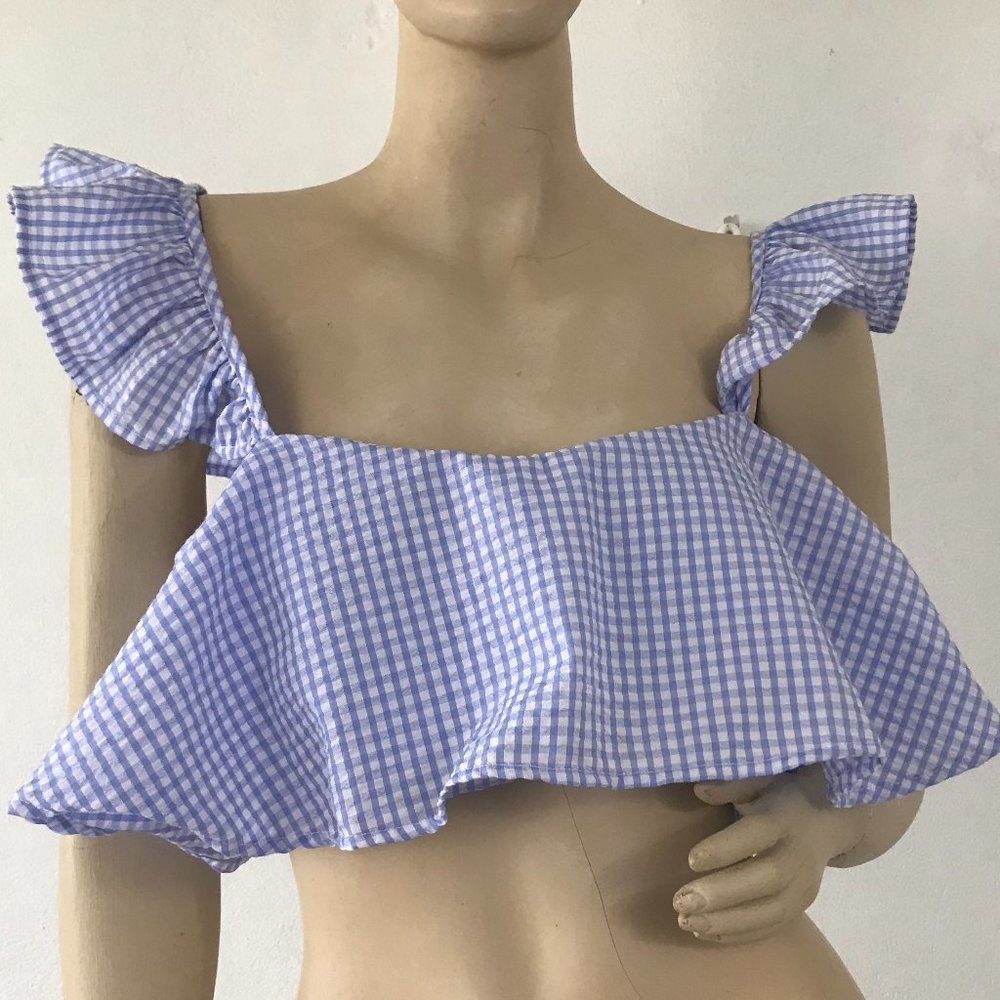 Toxik3 Women's Chopped Blue White Plaid Short Sleeve Tank Top Cami Size …